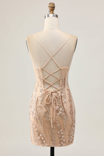 Sparkly Champagne Sequins Bodycon Cocktail Dress with Beading